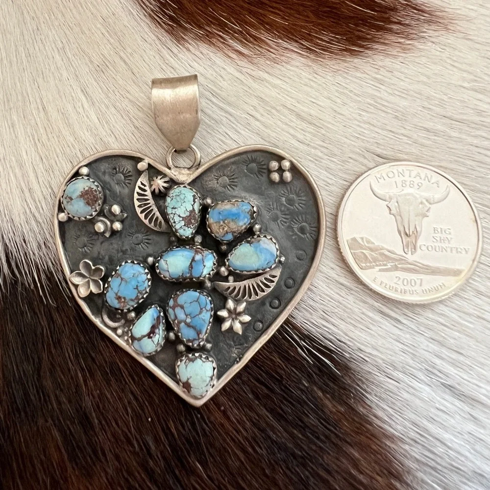 ❤️ Huge Golden Hills Turquoise Navajo Style Matte Sterling Heart Pendant 2.23”L